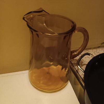 LARGE NORDIC WARE SKILLET, GLASS AND PLASTIC PITCHERS