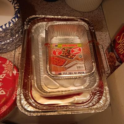 DISPOSABLE PLATES, BAKEWARE AND NAPKINS PLUS PLASTIC BOWLS