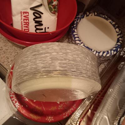 DISPOSABLE PLATES, BAKEWARE AND NAPKINS PLUS PLASTIC BOWLS