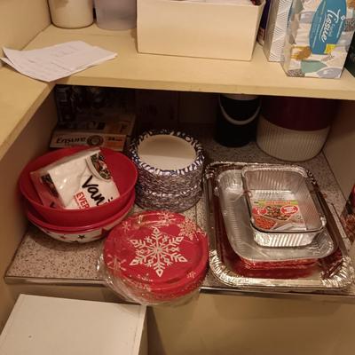 DISPOSABLE PLATES, BAKEWARE AND NAPKINS PLUS PLASTIC BOWLS