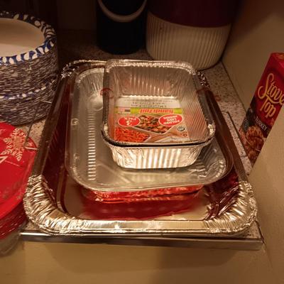 DISPOSABLE PLATES, BAKEWARE AND NAPKINS PLUS PLASTIC BOWLS