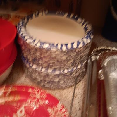 DISPOSABLE PLATES, BAKEWARE AND NAPKINS PLUS PLASTIC BOWLS