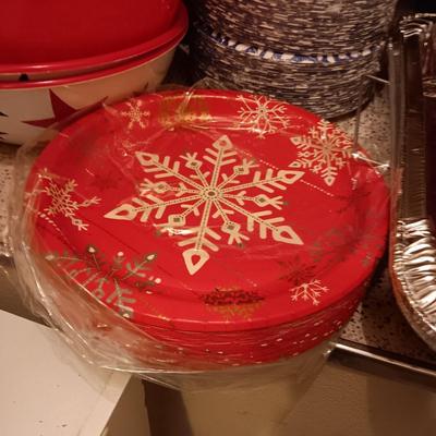 DISPOSABLE PLATES, BAKEWARE AND NAPKINS PLUS PLASTIC BOWLS