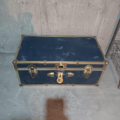 METAL TRUNK, CHALK BOARD, WOODEN BLOCKS AND YARN CLOWN ART