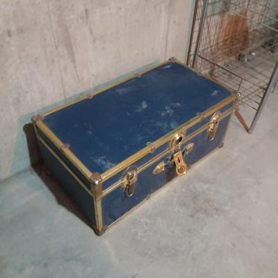 METAL TRUNK, CHALK BOARD, WOODEN BLOCKS AND YARN CLOWN ART