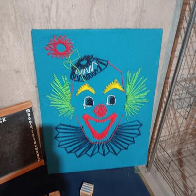 METAL TRUNK, CHALK BOARD, WOODEN BLOCKS AND YARN CLOWN ART