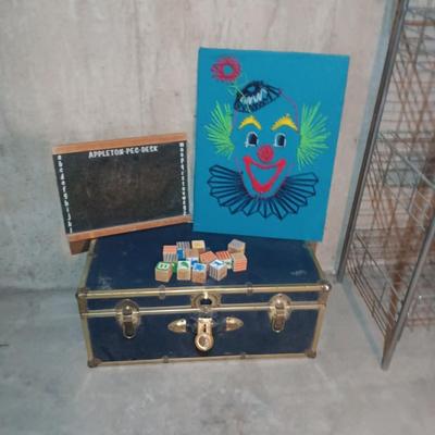 METAL TRUNK, CHALK BOARD, WOODEN BLOCKS AND YARN CLOWN ART