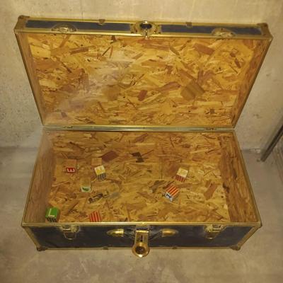 METAL TRUNK, CHALK BOARD, WOODEN BLOCKS AND YARN CLOWN ART