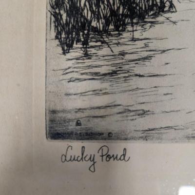 Framed "Lucky Pond" Etching By Richard Bishop 12 1/2" x 16 1/2"