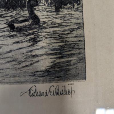 Framed "Lucky Pond" Etching By Richard Bishop 12 1/2" x 16 1/2"