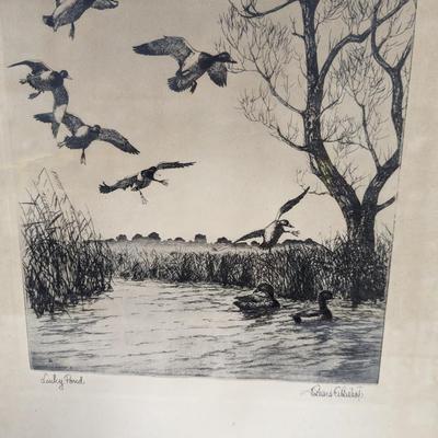 Framed "Lucky Pond" Etching By Richard Bishop 12 1/2" x 16 1/2"