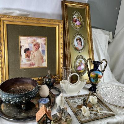 Gold framed portraits glass and ceramic collectibles