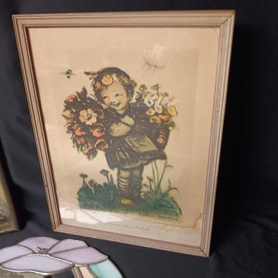 STAINED GLASS FRAMED MIRROR AND FRAMED HUMMEL PICTURES