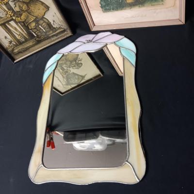 STAINED GLASS FRAMED MIRROR AND FRAMED HUMMEL PICTURES
