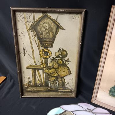 STAINED GLASS FRAMED MIRROR AND FRAMED HUMMEL PICTURES