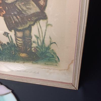 STAINED GLASS FRAMED MIRROR AND FRAMED HUMMEL PICTURES