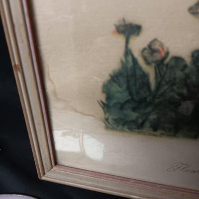 STAINED GLASS FRAMED MIRROR AND FRAMED HUMMEL PICTURES