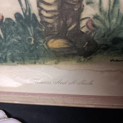 STAINED GLASS FRAMED MIRROR AND FRAMED HUMMEL PICTURES