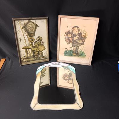 STAINED GLASS FRAMED MIRROR AND FRAMED HUMMEL PICTURES