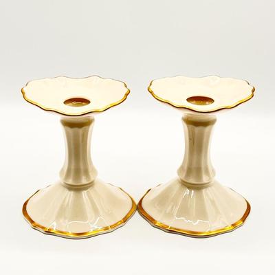 LENOX ~ Symphony ~ Pair (2) ~ Porcelain Gold Trim Candle Stick Holders