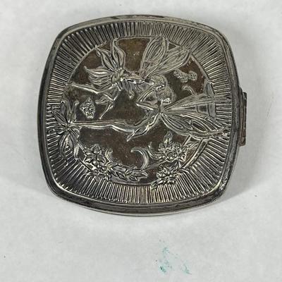 Rare Antique Art Nouveau 1920's Djer KISSING FAIRIES Silver compact with mirror and powder