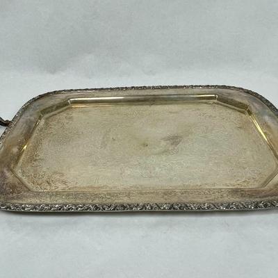 VINTAGE SILVERPLATE SERVING TRAY ORNATE BUTLER TRAY W- HANDLES NATIONAL SILVER