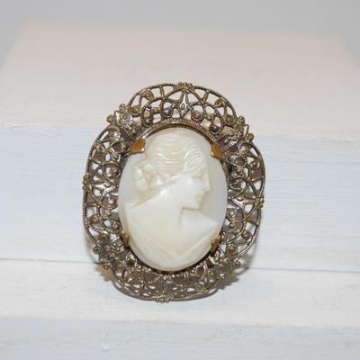 Beautiful Vintage White Cameo Oval Pin with Filigree Style Surround 1 Â½" x 1 Â¼"