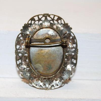 Beautiful Vintage White Cameo Oval Pin with Filigree Style Surround 1 Â½" x 1 Â¼"