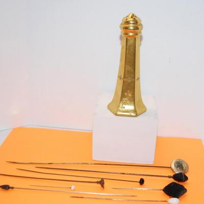 Vintage Gently Embossed Hatpin Holder (5" H) with Jade-Like Accent Stones and 8 Hat Pins 2"-9 " L