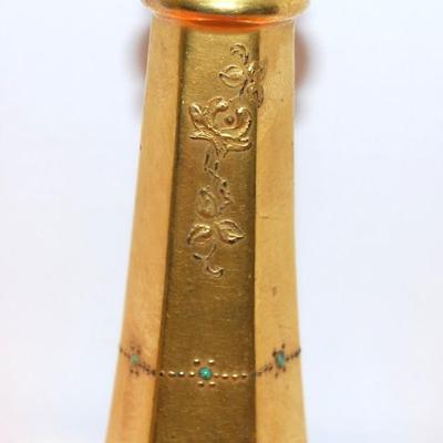 Vintage Gently Embossed Hatpin Holder (5" H) with Jade-Like Accent Stones and 8 Hat Pins 2"-9 " L
