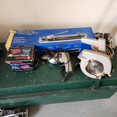 Tool Lot Tile Cutter Makita Sander B&D Drill and Saw