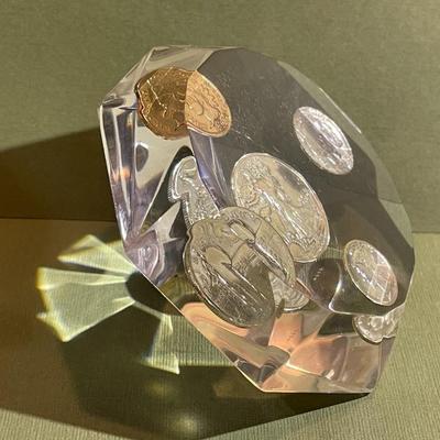 Vintage Diamond Shaped Lucite Silver Coin Paperweight 3.5" x 3.5" in Good Preowned Condition.