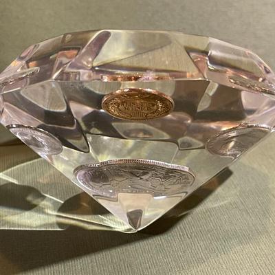 Vintage Diamond Shaped Lucite Silver Coin Paperweight 3.5" x 3.5" in Good Preowned Condition.