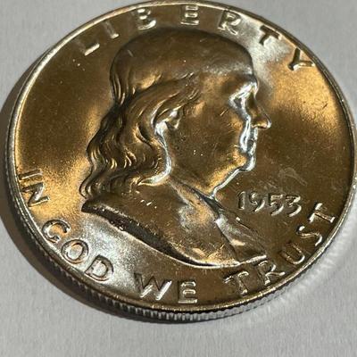 1953-D Uncirculated Condition Franklin Silver Half Dollar as Pictured.