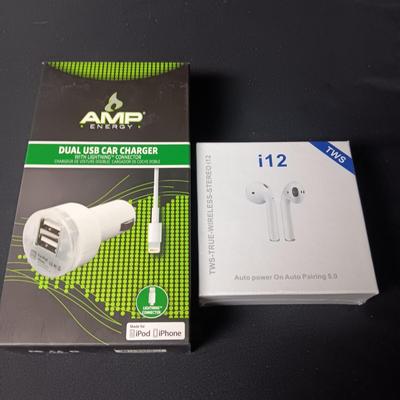 NEW WIRELESS EARBUDS AND DUAL USB CAR CHARGER