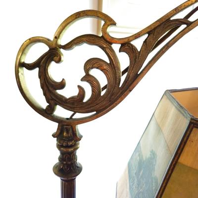 Brass Floor Lamp with Marble Base & Hunt Scene Shade (LR-DW)
