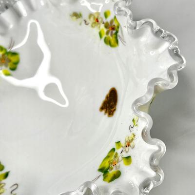 Fenton Hand Painted Silver Crest Ruffled Milk Glass Compote Dish