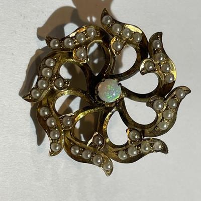 Antique Dainty 14K Opal & Seed Pearl Pin 1.8 Pennyweights in Good Preowned Condition.