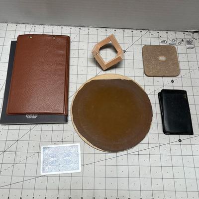 Leather Document Holder and Pouch, Copper Round Moon Designer Tray Plate, Wooden Stand and Magnet Card