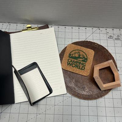 Leather Document Holder and Pouch, Copper Round Moon Designer Tray Plate, Wooden Stand and Magnet Card