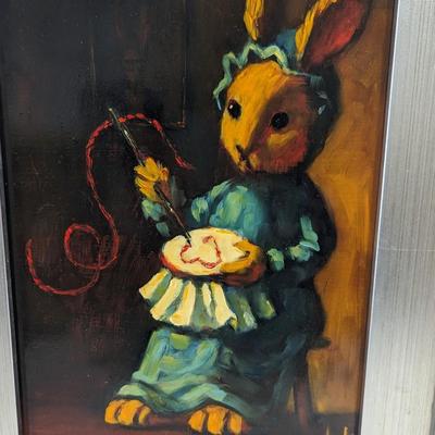 Framed Rabbit Enjoying Needlework Painting 13 1/2