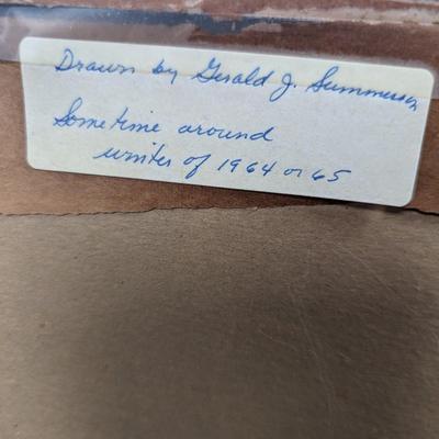 1960's Framed Drawing Art 24 1/2" x 18 1/2"