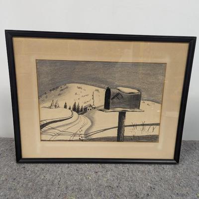 1960's Framed Drawing Art 24 1/2" x 18 1/2"