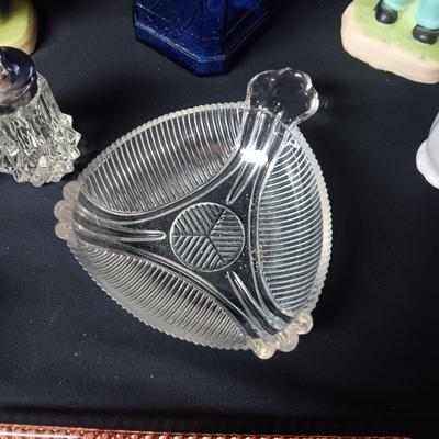 CANDLE FIGURES, SALT/PEPPER SHAKERS, DEPRESSION GLASS DISH AND MORE
