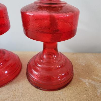 Pair Vintage Oil Lamps Red Glass Base