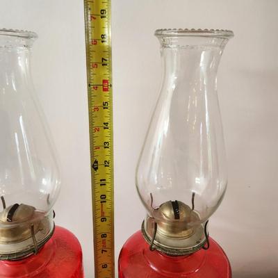 Pair Vintage Oil Lamps Red Glass Base