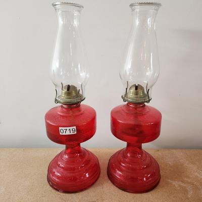Pair Vintage Oil Lamps Red Glass Base