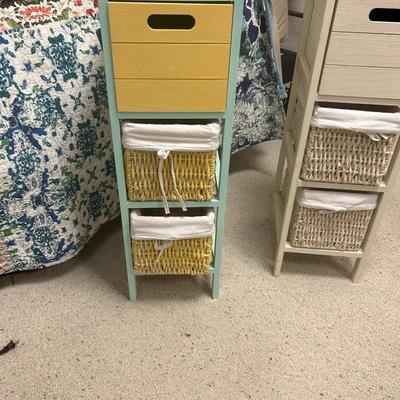 Wooden side table with baskets, yellow and green