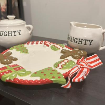 Christmas plate with sugar and creamer