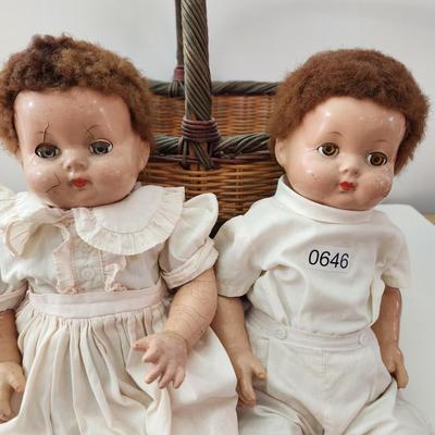 Two Vintage Effanbee Dolls 18" w basket